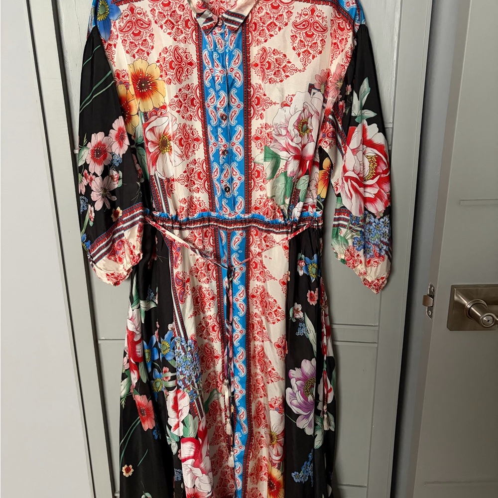 Johnny Was Red and Blue Floral Long Sleeve Dress